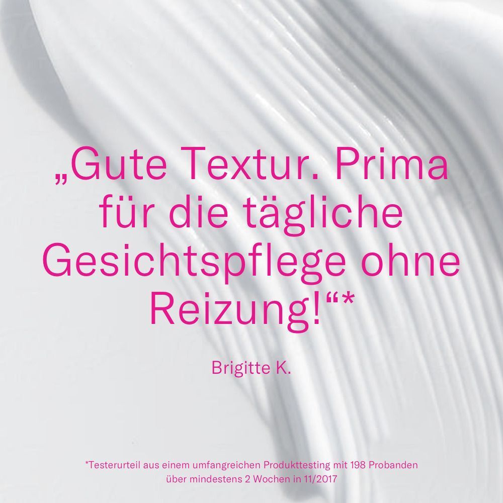 Texturierte Oberfläche. Text: Gute Textur. Prima für die tägliche Gesichtspflege ohne Reizung!