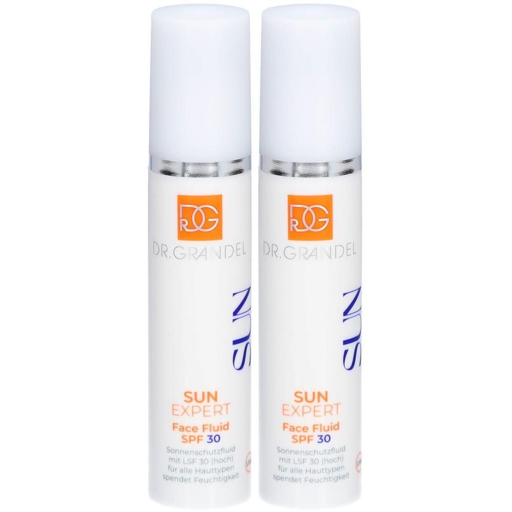 Zwei weiße Flaschen mit weißem Deckel. Aufschrift: DR. GRANDEL, SUN EXPERT Face Fluid SPF 30. Sonnenschutz für alle Hauttypen.