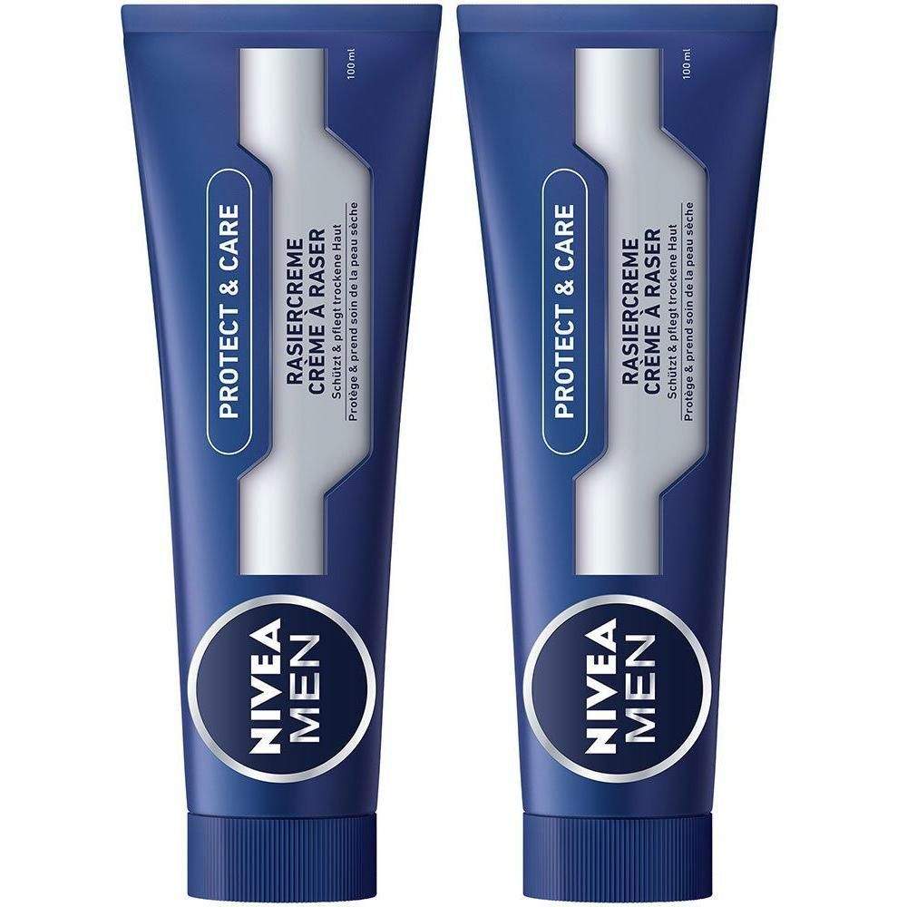 Zwei Tuben Rasiercreme NIVEA MEN, blau, mit weißer Schrift. Aufschrift: PROTECT & CARE, Rasiercreme, 100 ml.