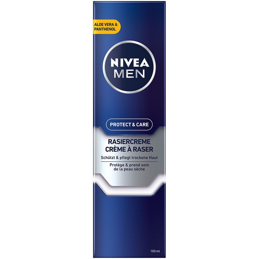 Blaue Tube Rasiercreme NIVEA MEN mit Verpackung. Aufschrift: PROTECT & CARE, Rasiercreme, Aloe Vera & Panthenol, 100 ml.