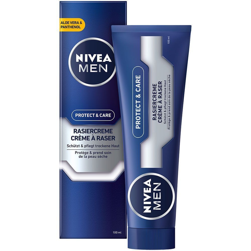 Blaue Tube Rasiercreme NIVEA MEN mit Verpackung. Aufschrift: PROTECT & CARE, Rasiercreme, Aloe Vera & Panthenol, 100 ml.