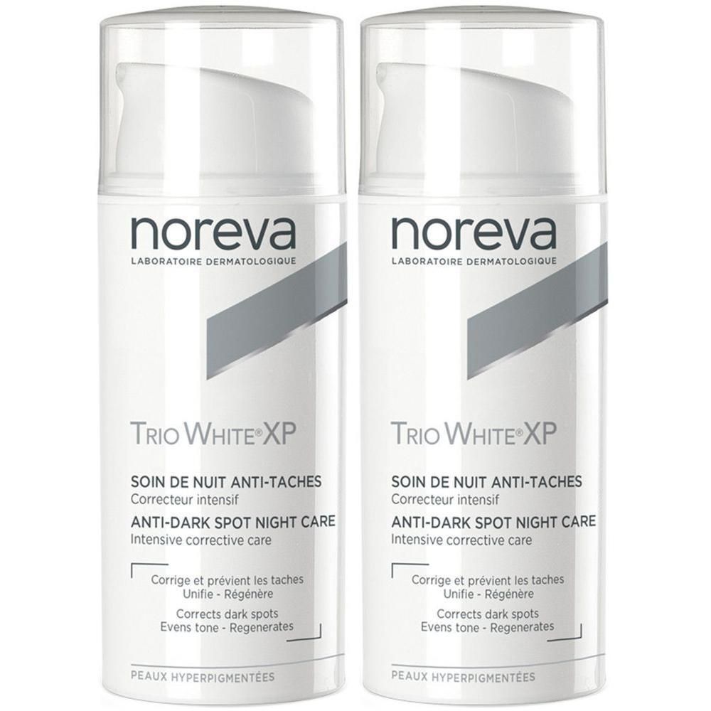 Zwei weiße Flaschen mit Deckel. Aufschrift: noreva, Trio White XP, Anti-Dark Spot Night Care. Für hyperpigmentierte Haut.