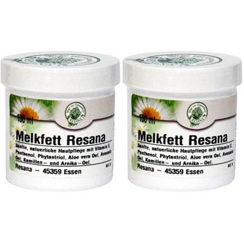 Zwei weiße Tiegel mit Deckel. Aufschrift: Melkfett Resana. Etikett mit floralem Design und Text. 100 ml.