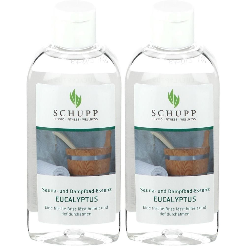 Zwei Flaschen mit weißem Deckel. Auf dem Etikett steht "SCHUPP", darunter "PHYSIO FITNESS WELLNESS". Darunter "Sauna- und Dampfbad-Essenz EUCALYPTUS".