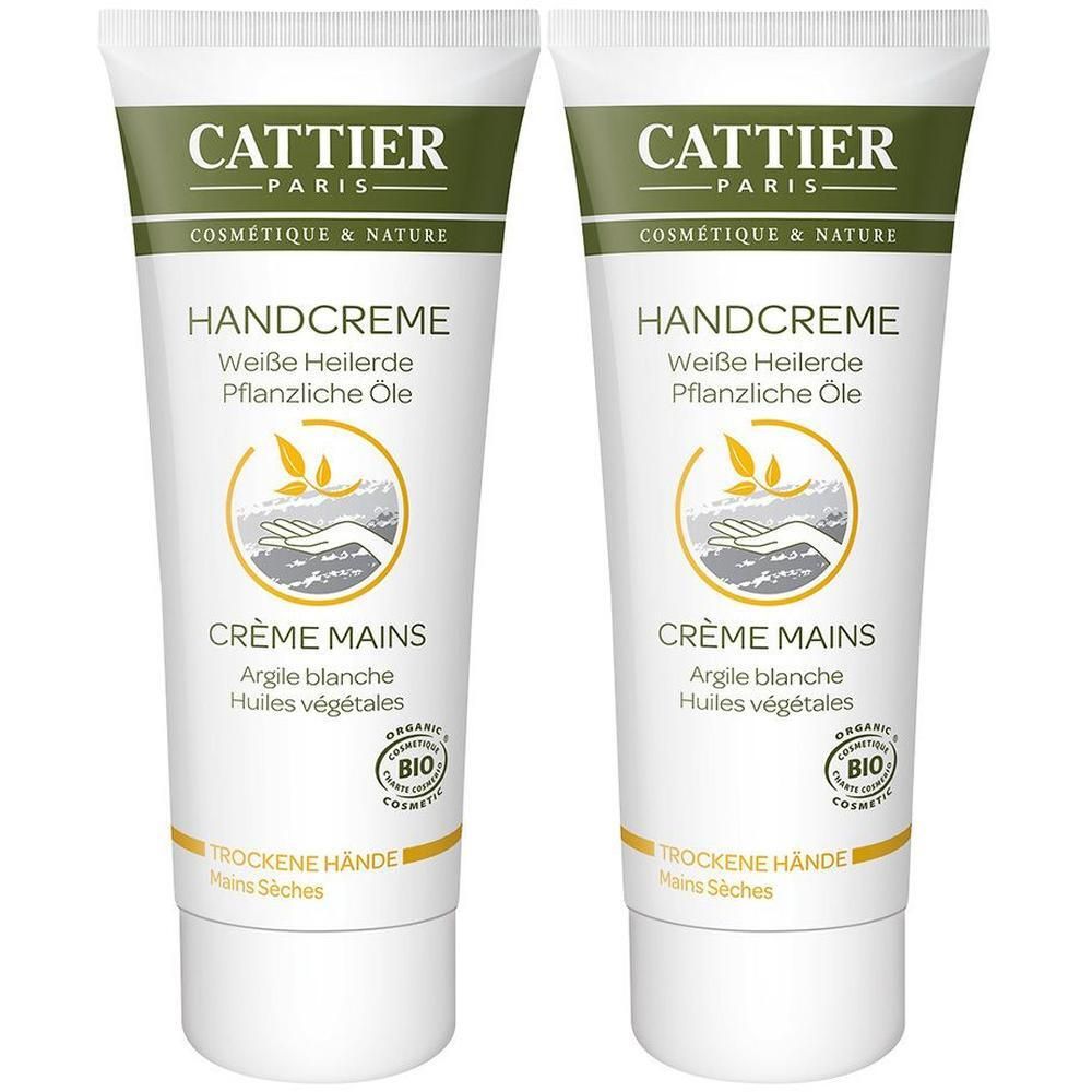 Zwei Tuben Handcreme. Aufschrift: CATTIER PARIS, Handcreme, Weiße Heilerde, Crème Mains, Trockene Hände. Bio-Siegel.