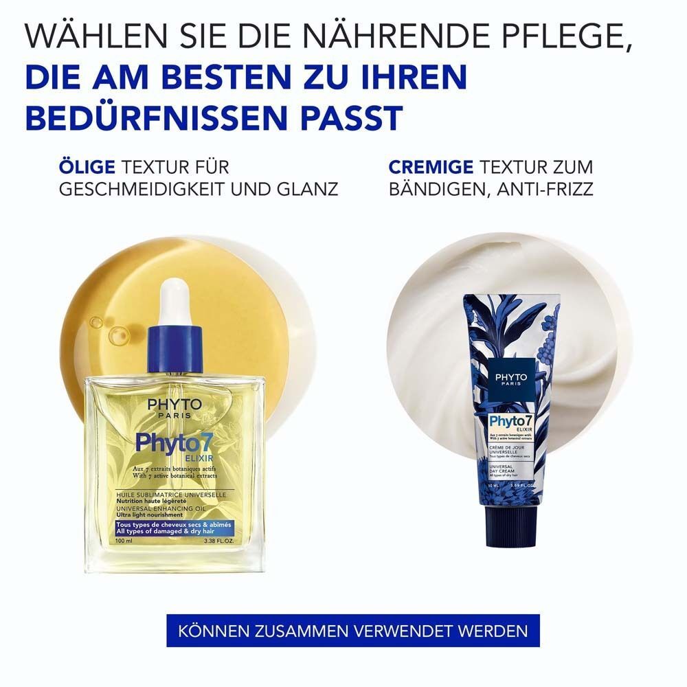 Phyto 7 Elixir und Phyto 7 Haartagescreme für trockene Haare. Öltextur für Geschmeidigkeit, cremige Textur gegen Frizz.