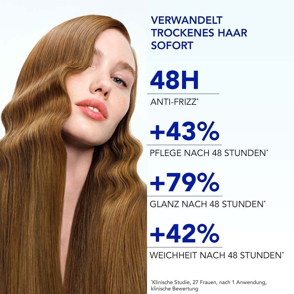 Frau mit langen, glänzenden Haaren. Phyto 7 Haartagescreme: 48h Anti-Frizz, +43% Pflege, +79% Glanz, +42% Weichheit.