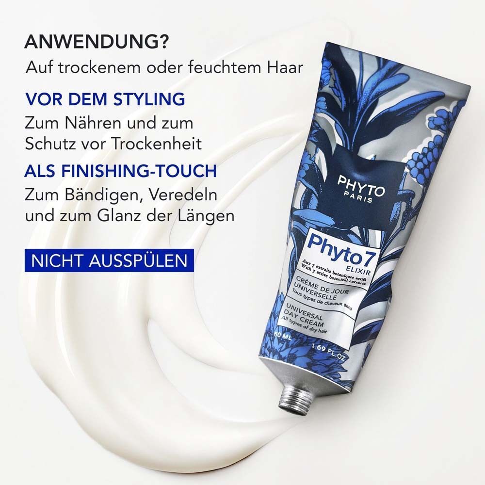 Anwendung der Phyto 7 Haartagescreme: Auf trockenem oder feuchtem Haar, vor dem Styling, als Finishing-Touch. Nicht ausspülen.