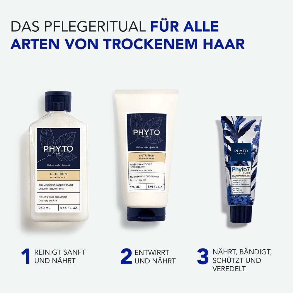 Pflege-Ritual für trockenes Haar: Phyto Nourishing Shampoo, Phyto Conditioner, Phyto 7 Haartagescreme.
