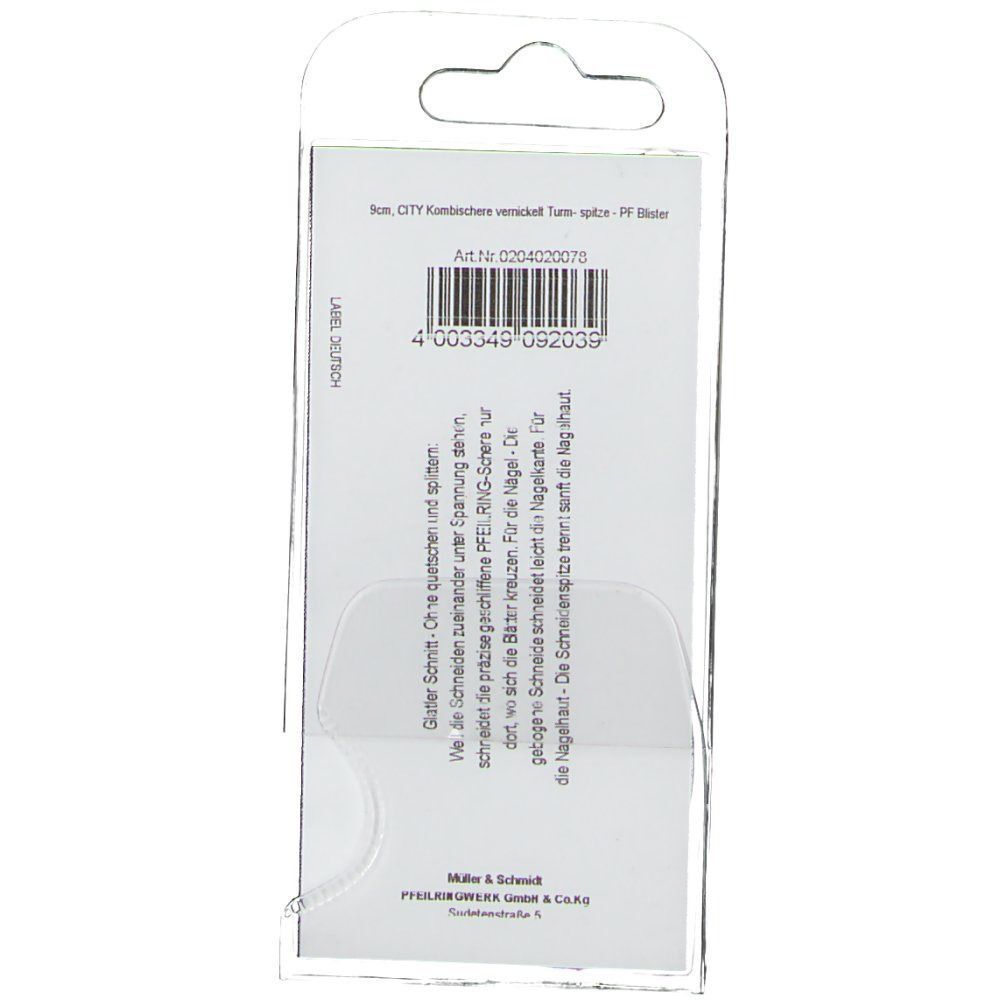 Rückseite der Blisterverpackung. Produktinformationen und Barcode. Pfeilring-Logo und Schriftzug.