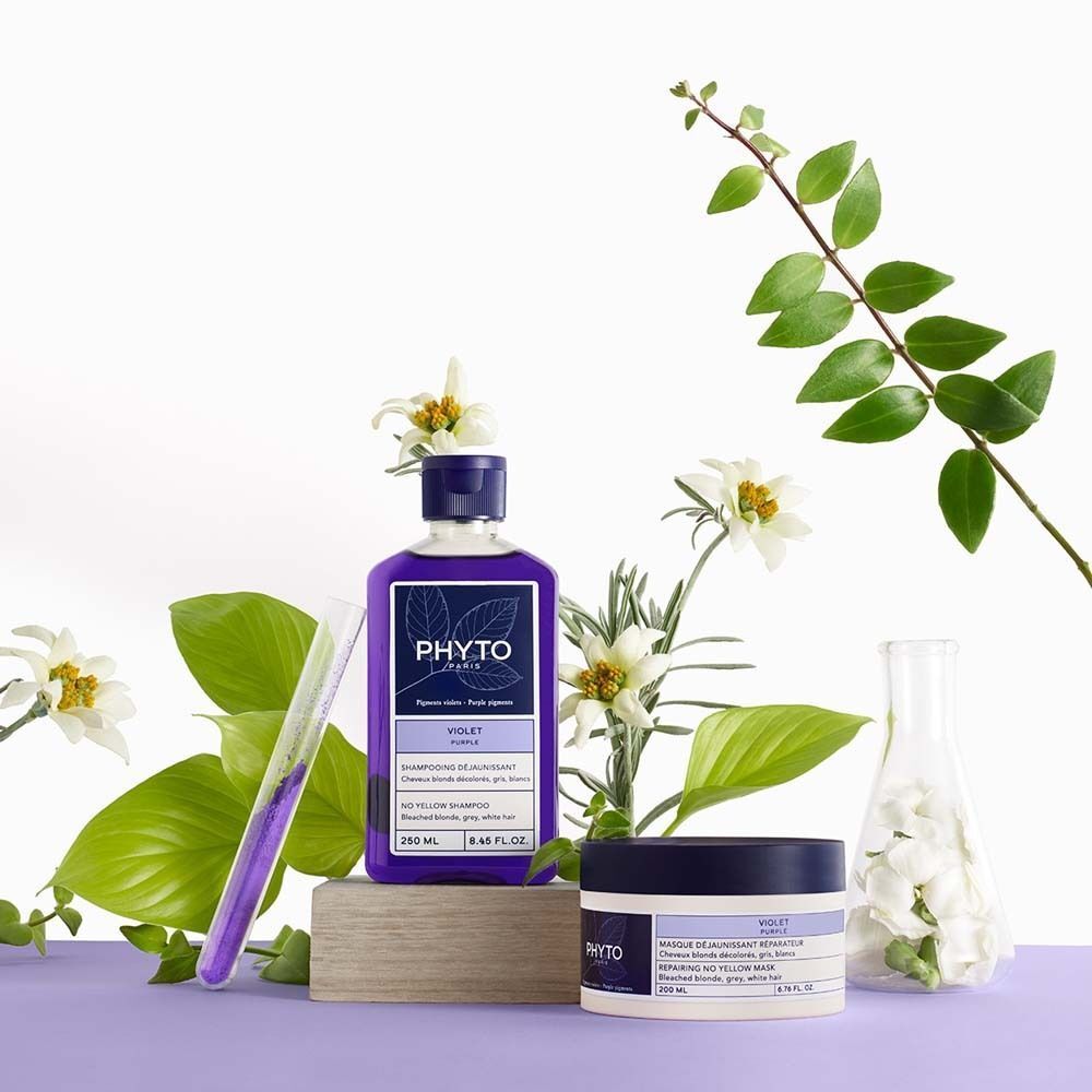 Eine Flasche und ein Tiegel mit violettem Produkt. Aufschrift: PHYTO PARIS, Violet. Dekorative Elemente.
