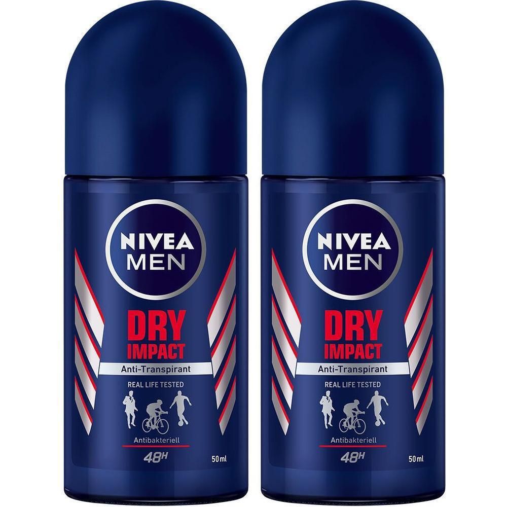 Zwei blaue Roll-on-Deodorants. Aufschrift: NIVEA MEN DRY IMPACT Anti-Transpirant. Mit Abbildungen von Sportlern und der Aufschrift 48H.
