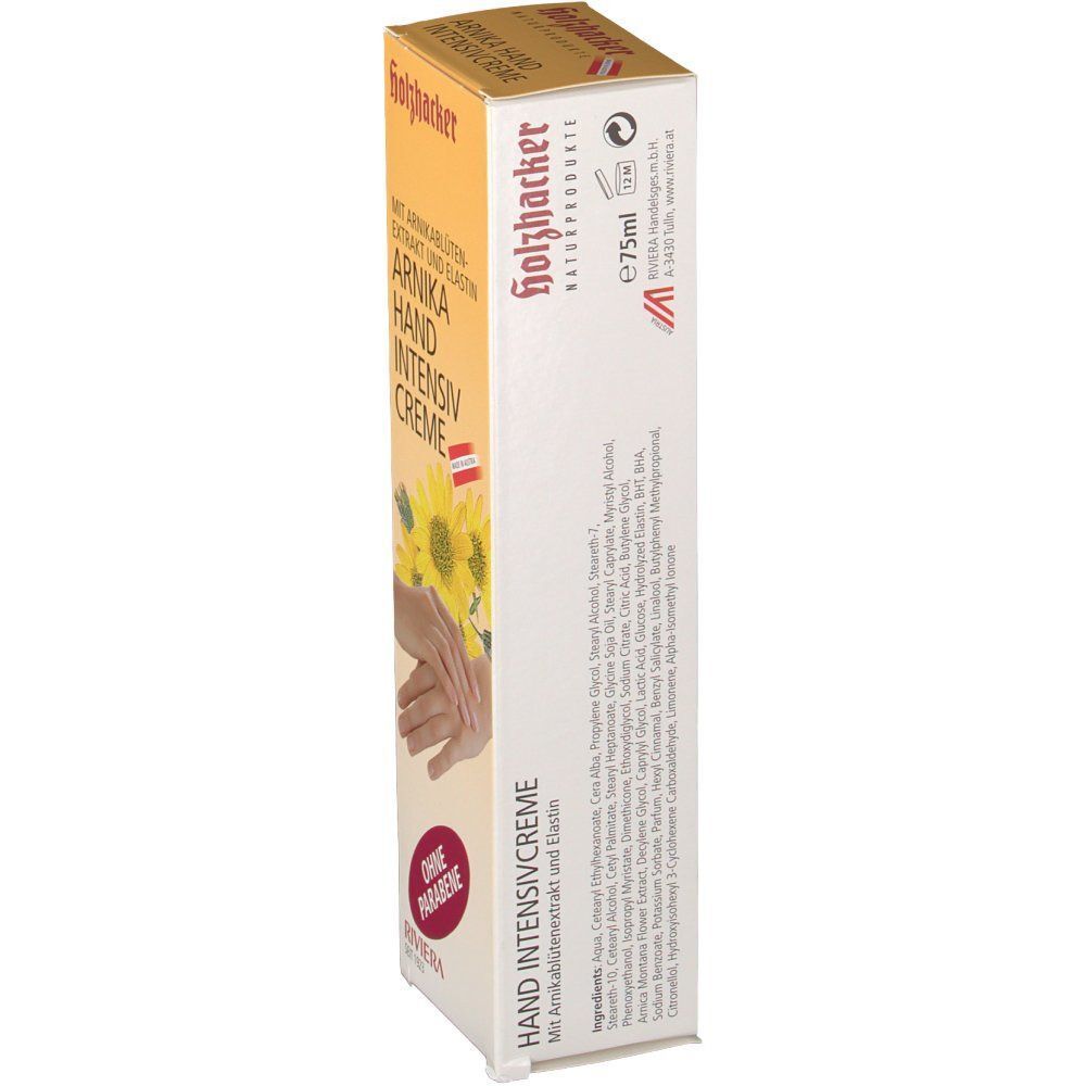 Seitenansicht einer RIVIERA Arnika Hand intensiv Creme-Box. Aufdruck: Arnika Hand intensiv Creme, Inhaltsstoffe, 75ml. Holzfacker Naturprodukte Logo.