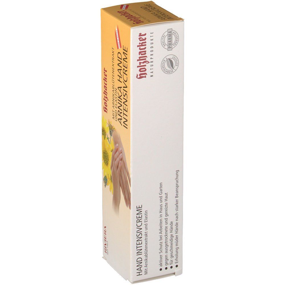 RIVIERA Arnika Hand intensiv Creme-Box. Aufdruck: Arnika Hand intensiv Creme. Holzfacker Naturprodukte Logo. Qualitätssiegel.