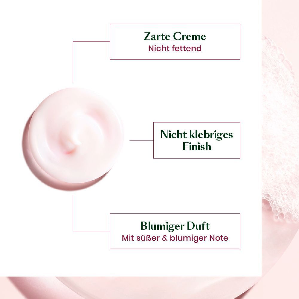 Creme-Klecks. Text: Zarte Creme, nicht fettend. Nicht klebriges Finish. Blumiger Duft mit süßer & blumiger Note.