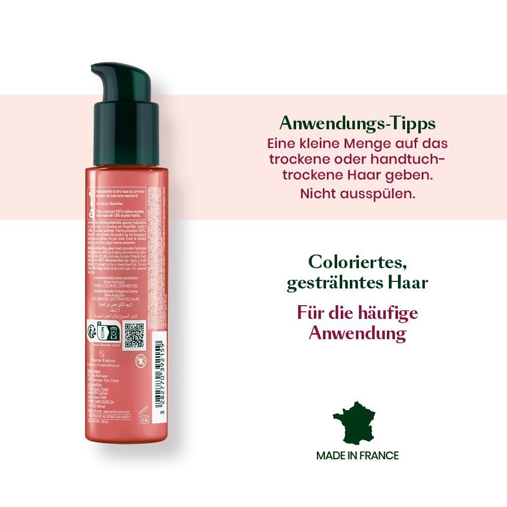 Produktflasche. Text: Anwendungstipps, für coloriertes, gesträhntes Haar. Made in France. Nicht ausspülen.