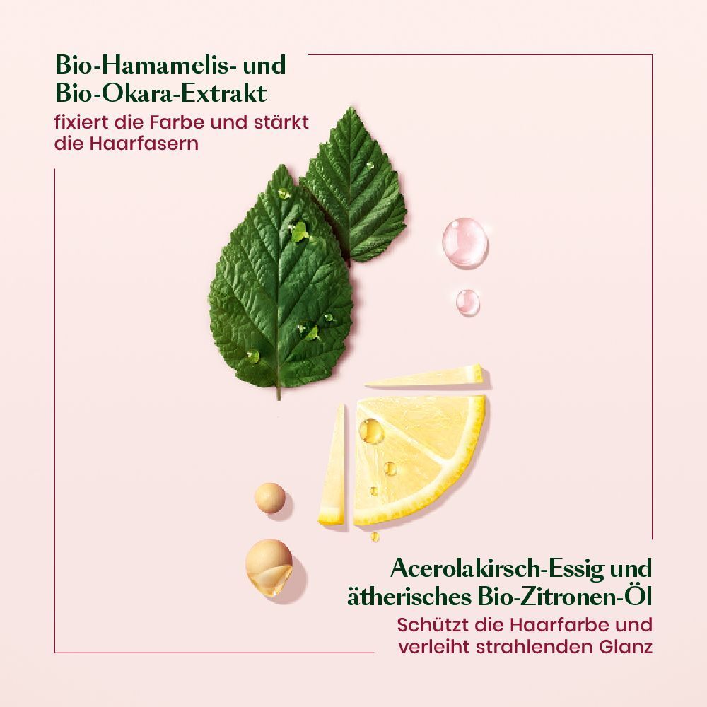 Zutaten: Bio-Hamamelis- und Bio-Okara-Extrakt, Acerolakirsch-Essig und ätherisches Bio-Zitronen-Öl. Schützt die Haarfarbe.