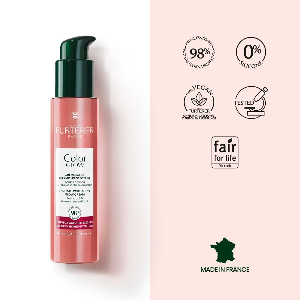 Produktflasche. Text: Color Glow, Thermal-Protecting Glow Cream. 98% Inhaltsstoffe natürlichen Ursprungs. Zertifizierungen.
