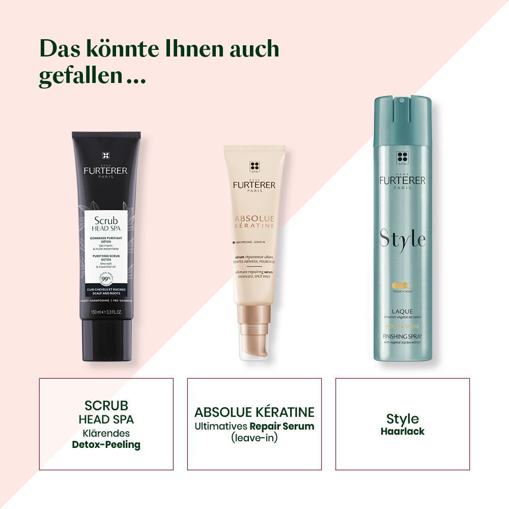 Drei Produkte. Text: Scrub Head Spa, Absolue Kératine, Style Haarlack. Produkte für die Haarpflege.