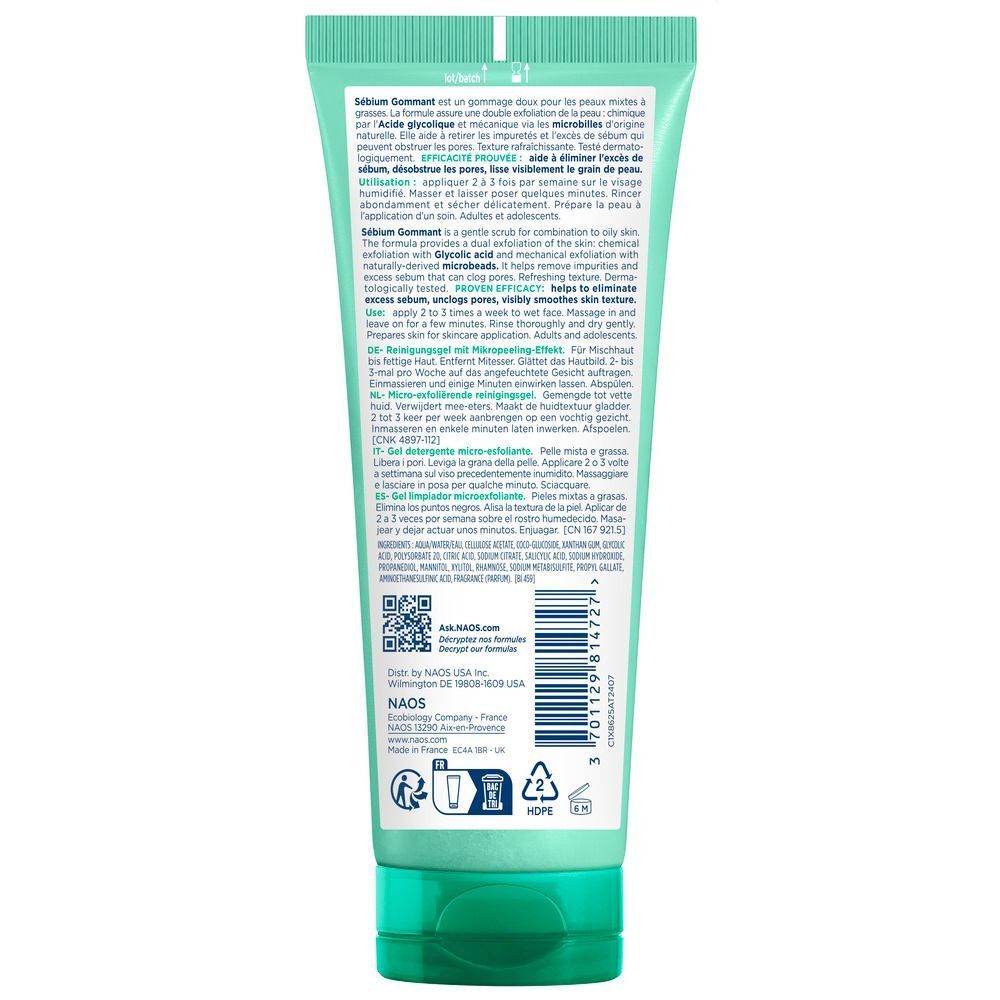 Rückseite einer Tube Bioderma Sébium Gommant Micro-Exfoliating Cleansing Gel mit Produktinformationen.
