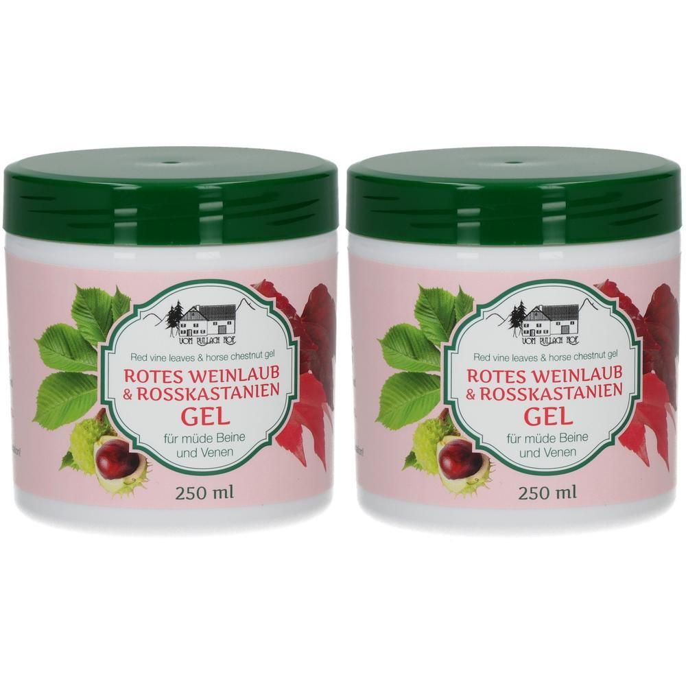 Zwei runde Tiegel mit grünem Deckel. Auf rosa Etikett: Rotes Weinlaub & Rosskastanien Gel. Text und Abbildungen von Blättern und Kastanien. 250 ml.