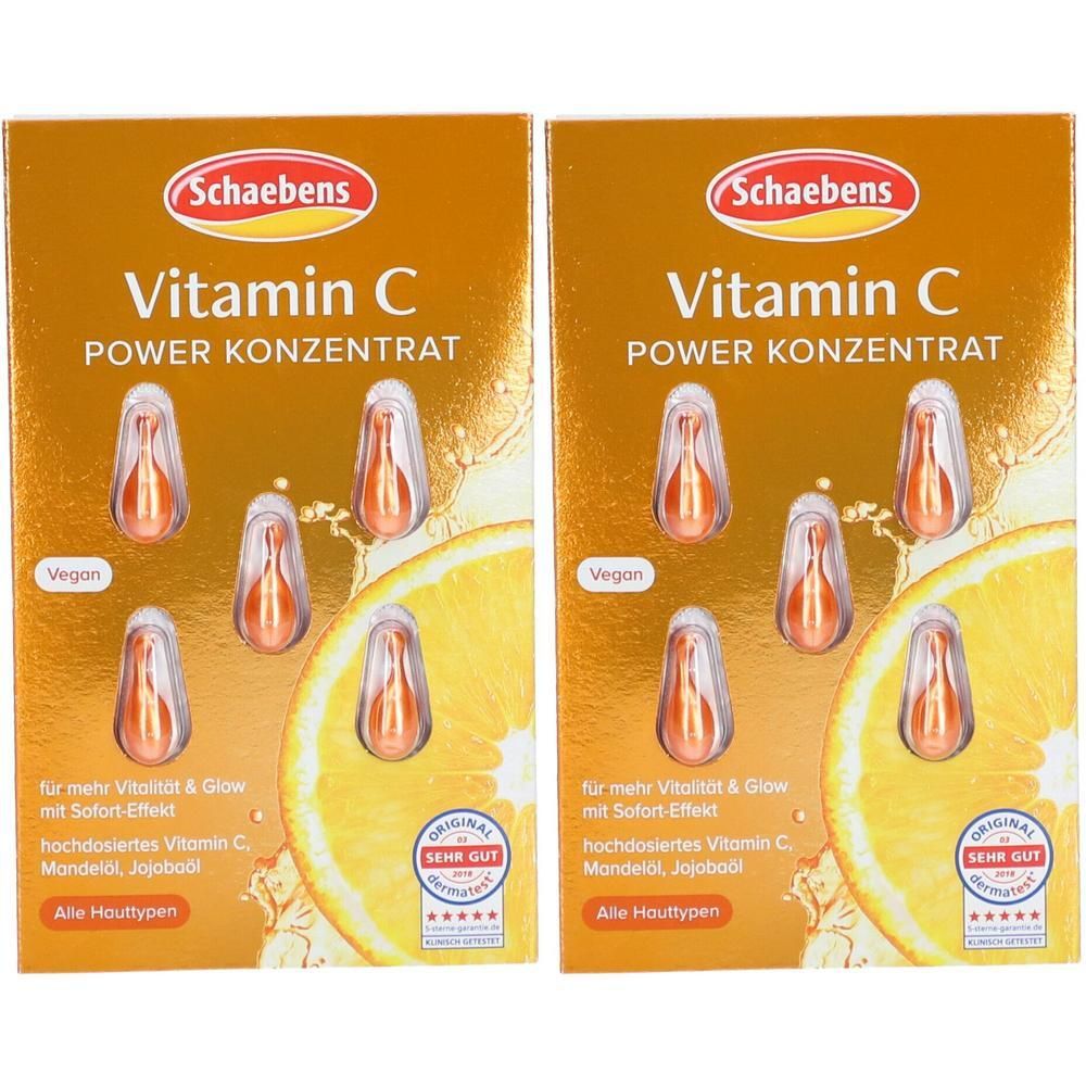 Zwei Packungen Vitamin C Konzentrat. Jede Packung zeigt Kapseln und Text. Aufschrift: Schaebens, Vitamin C, Power Konzentrat, Vegan.