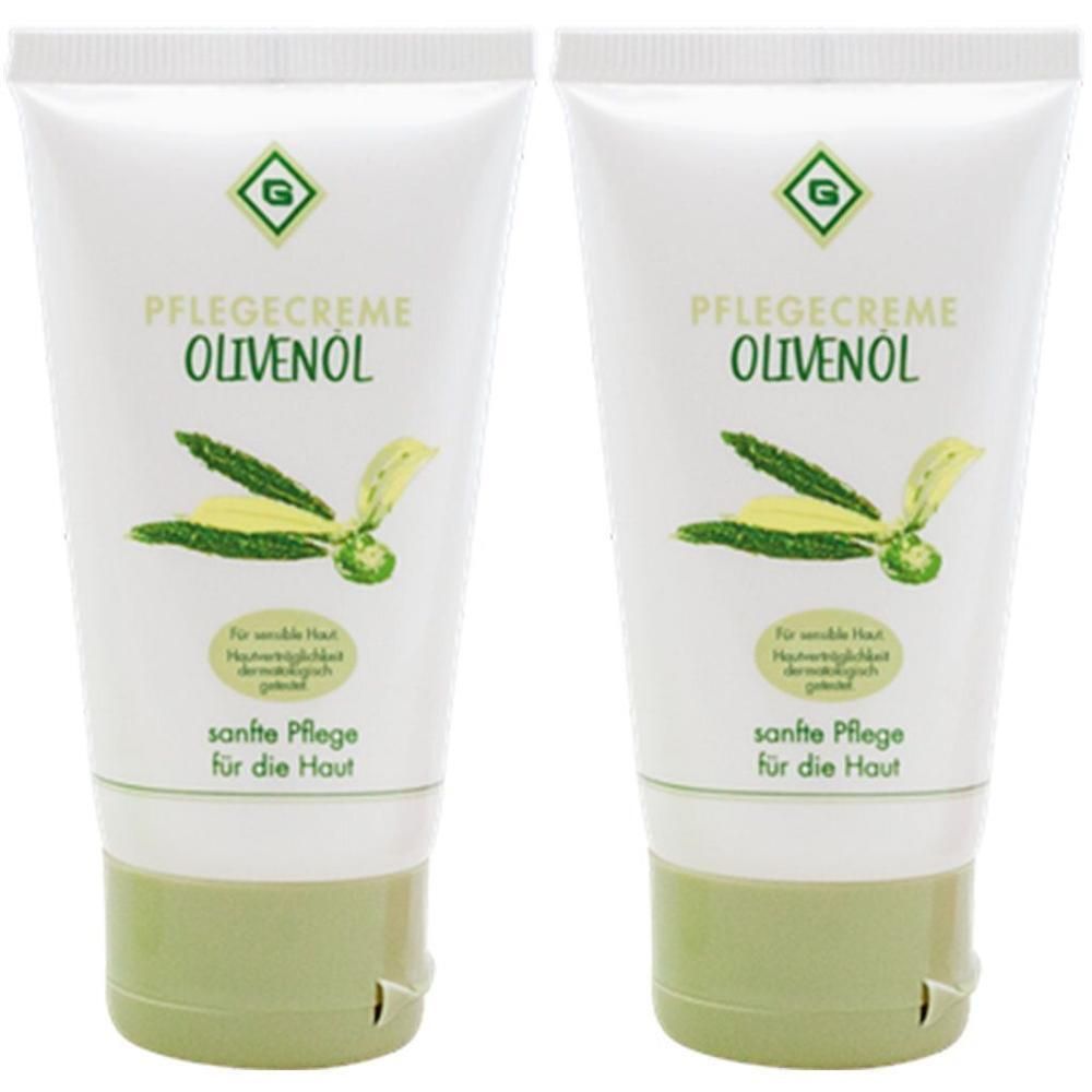 Zwei Tuben Pflegecreme. Weiße Tuben mit grünen Elementen und Aufschrift OLIVENÖL. Mit Olivenzweig-Illustration.