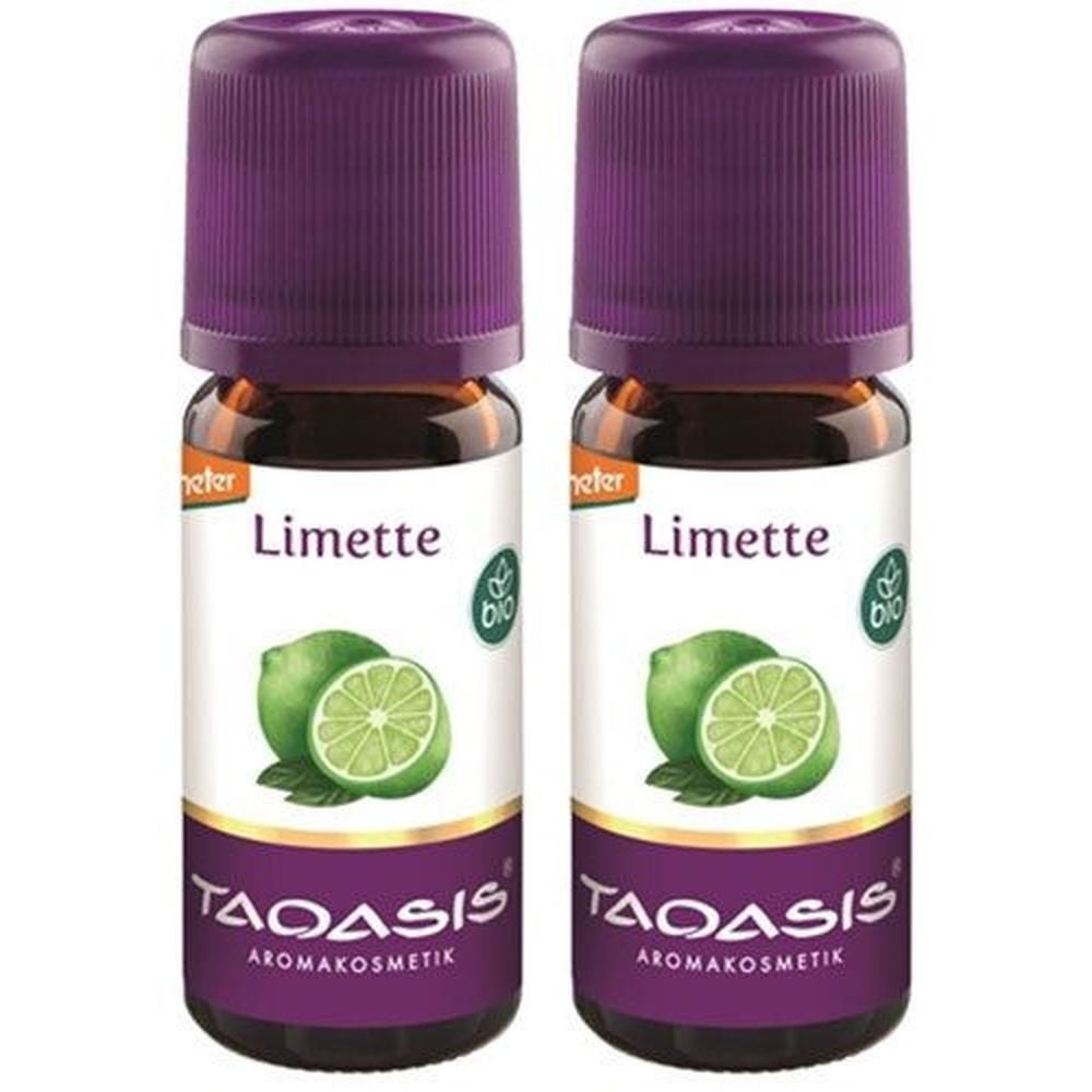 Zwei Flaschen mit lila Deckel. Aufschrift: Limette, Bio-Siegel, TAOASIS Aromakosmetik. Abbildung: Limetten.