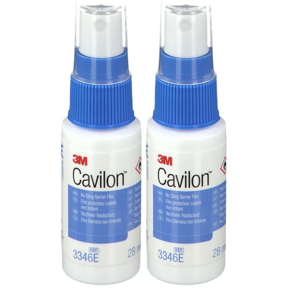 Zwei Sprühflaschen mit blauem Verschluss und weißem Körper. Aufschrift: Cavilon, 3M. Produktcode: 3346E. Enthält 28 ml.