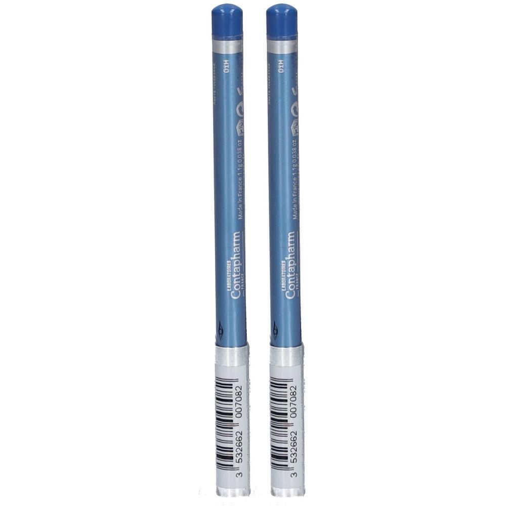 Zwei blaue Kajalstifte mit silbernen Details und Barcodes.