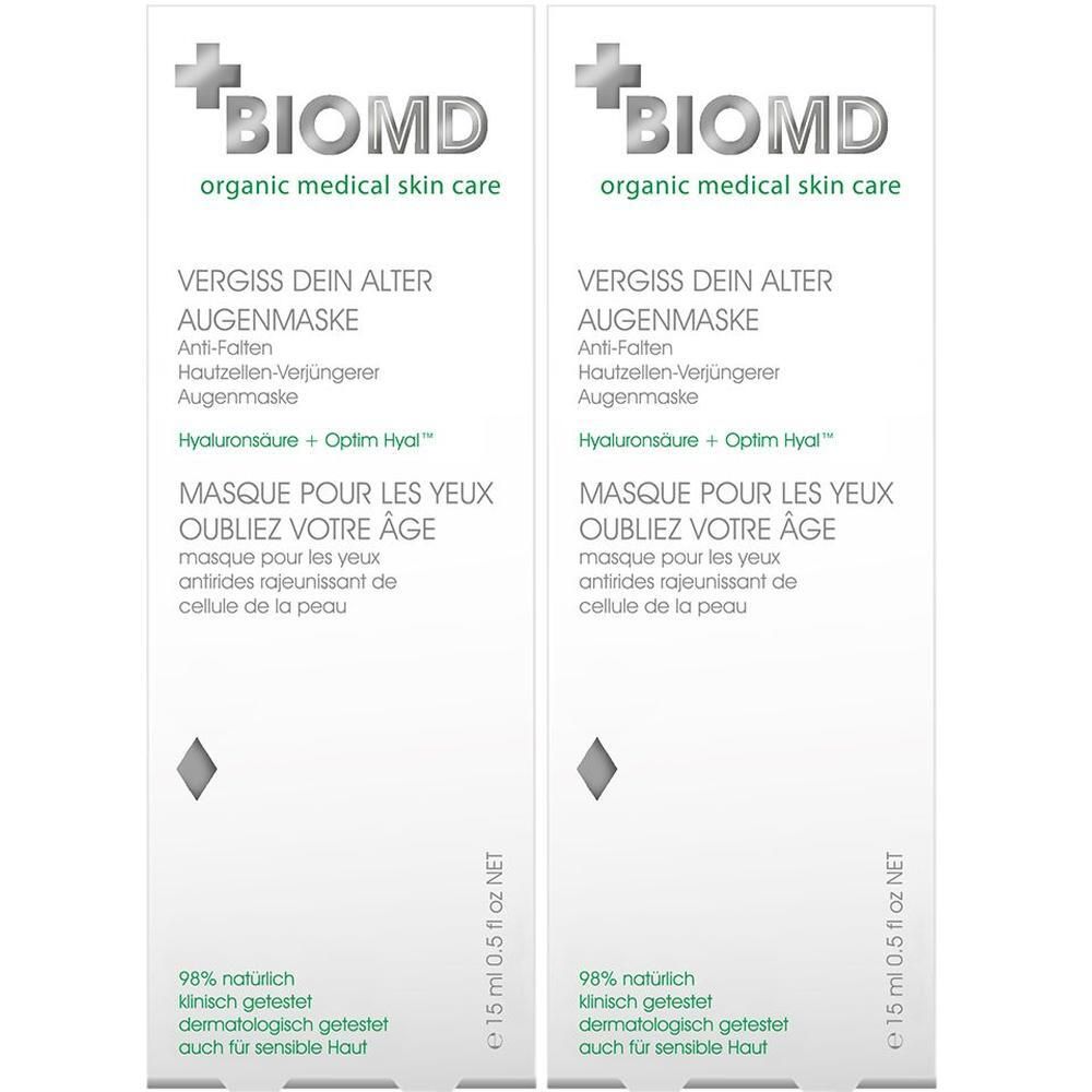 Zwei Faltschachteln. BIOMD Augenmaske, Text in Deutsch und Französisch. 15 ml, 0.5 fl oz NET. 98% natürlich.
