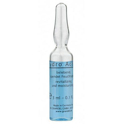 Eine einzelne Glasampulle mit blauer Flüssigkeit. Aufschrift: Hydro Active, belebend, spendet Feuchtigkeit. 3 ml.