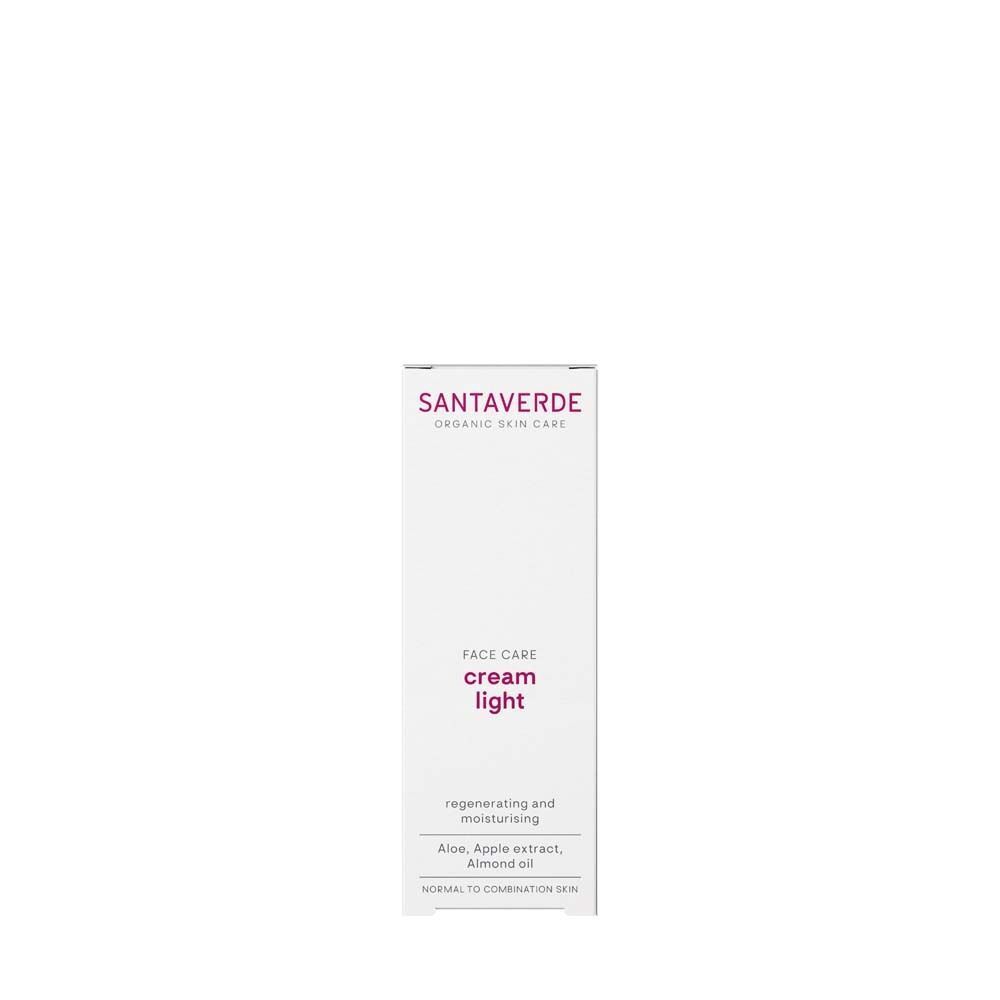 Verpackung von SANTAVERDE Creme Light. Weiße Schachtel mit lila Schriftzug. Aufschrift: Face Care cream light.