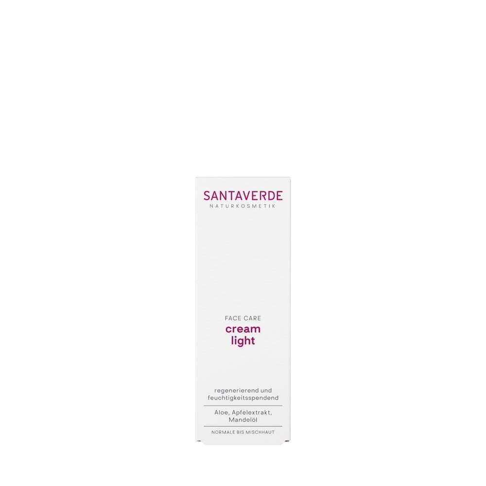 Verpackung von SANTAVERDE Creme Light. Weiße Schachtel mit lila Schriftzug. Aufschrift: Face Care cream light.