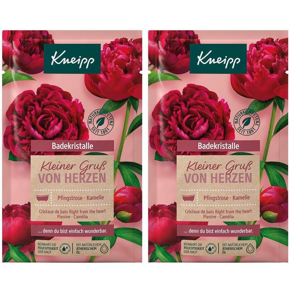 Zwei Beutel Badekristalle mit Blütenmotiv. Text: Kneipp, Badekristalle, Kleiner Gruß von Herzen. Pfingstrose, Kamelie.