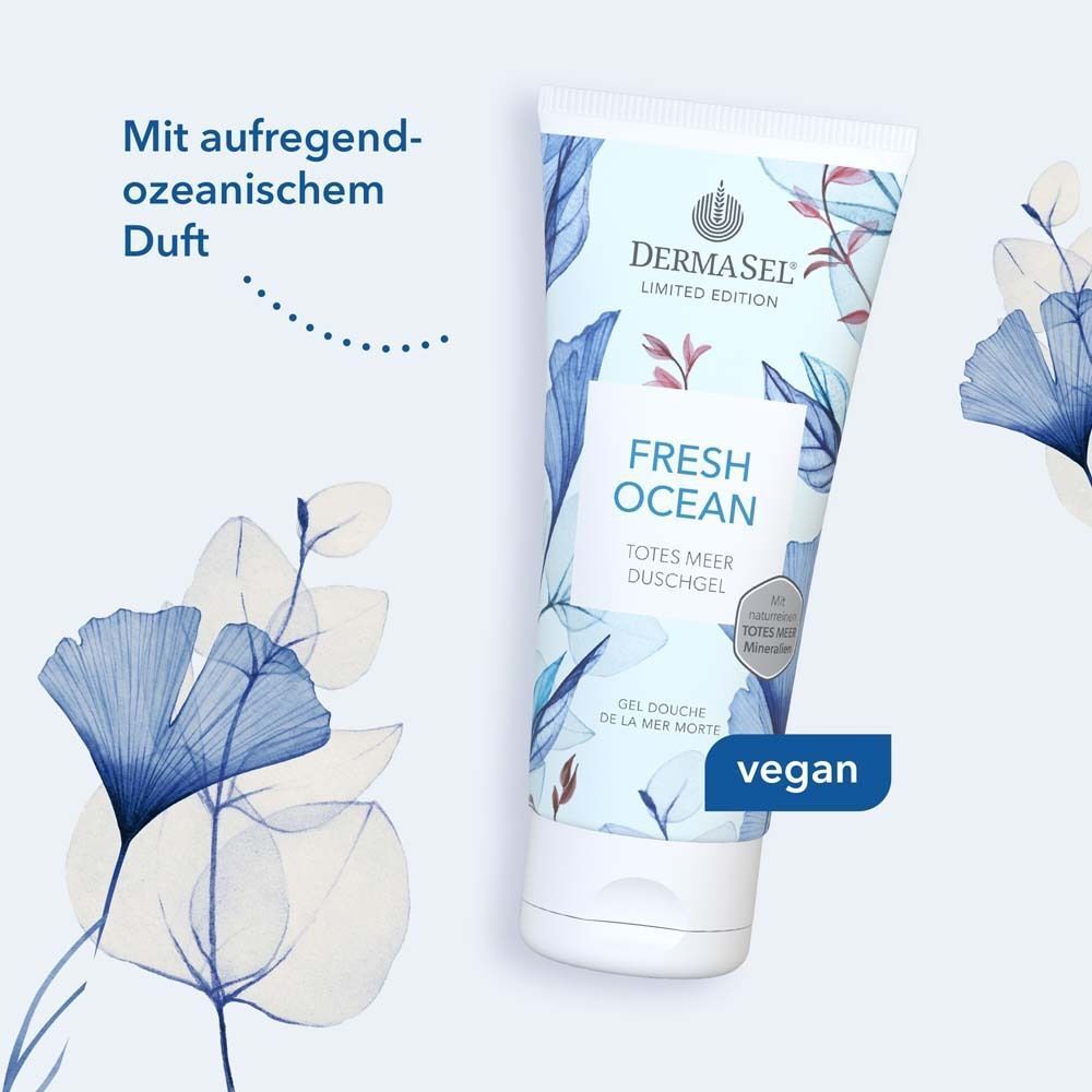 Tube Duschgel mit floralem Design. Aufschrift: DERMASEL, FRESH OCEAN, Totes Meer Duschgel. Vegan-Siegel.