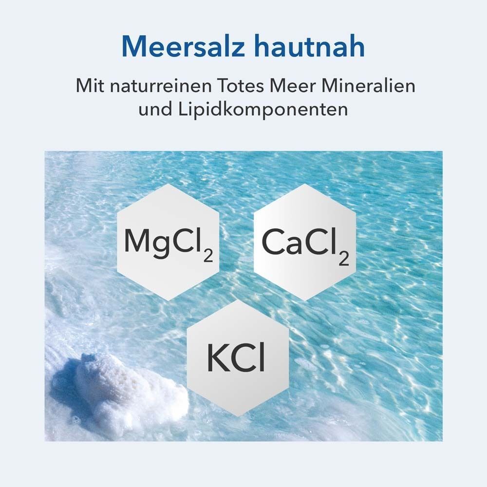 Drei hexagonale Formen mit chemischen Formeln: MgCl2, CaCl2, KCl. Hintergrund: Wasser. Text: Meersalz hautnah.