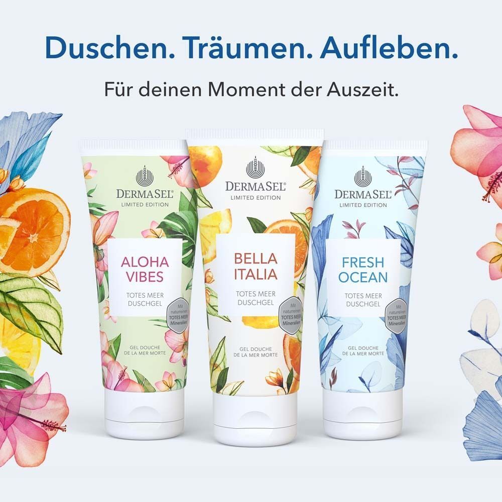 Drei Duschgel-Tuben mit floralem Design. Aufschriften: Aloha Vibes, Bella Italia, Fresh Ocean. Marke: DERMASEL.