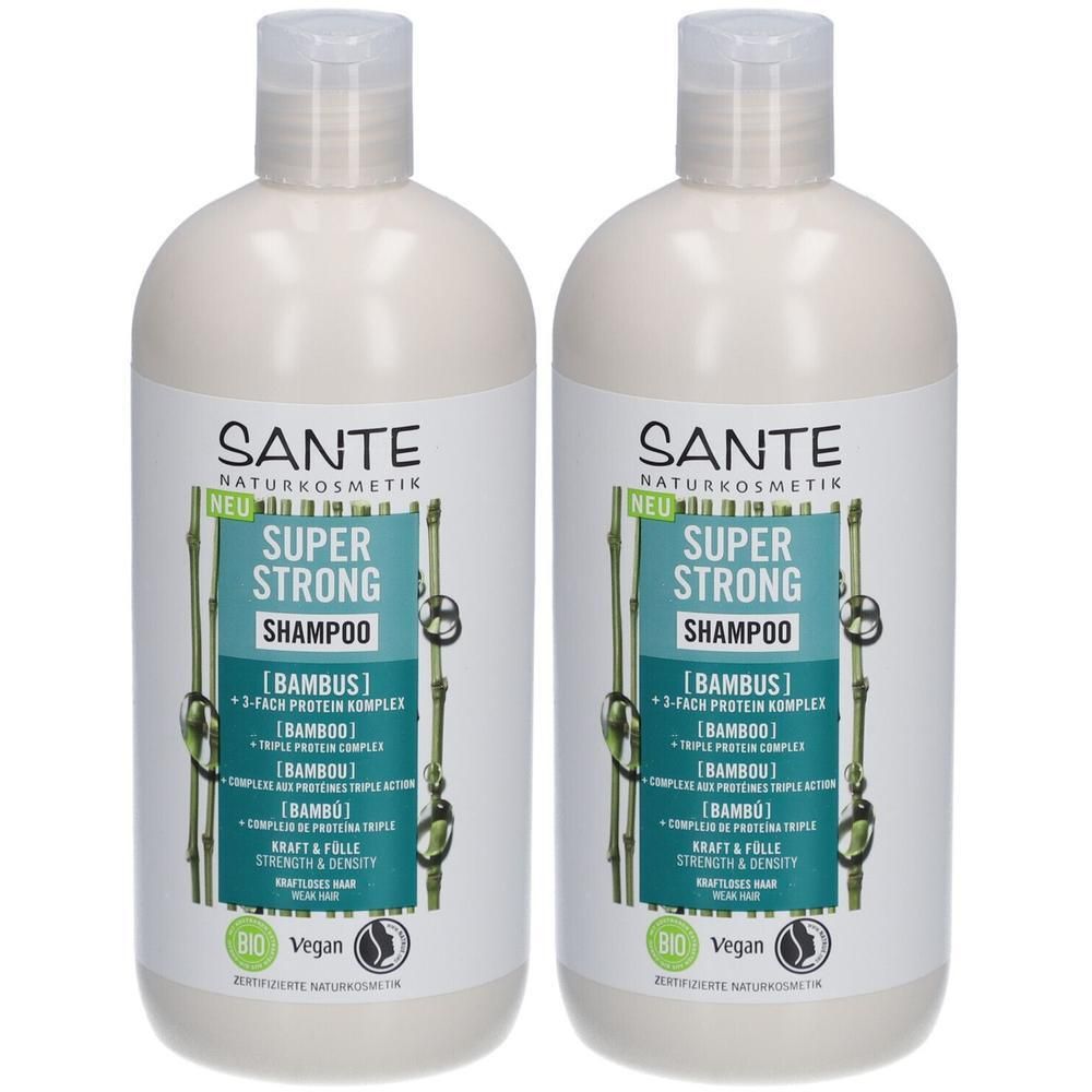 Zwei Flaschen Shampoo. Aufschrift: SANTE, SUPER STRONG SHAMPOO, BAMBUS. Mit Bio- und Vegan-Siegel. Weiße Flaschen mit hellgrünen Etiketten.