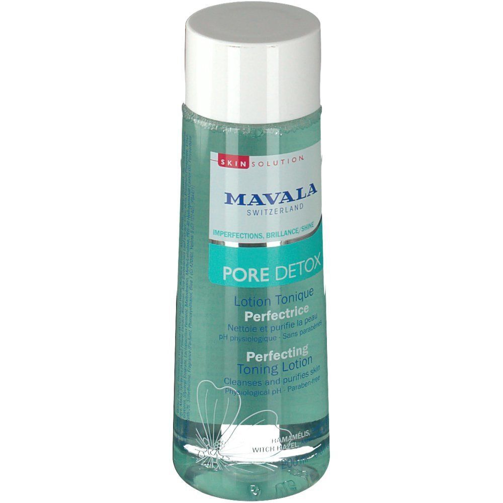 MAVALA Pore Detox Flasche. Zylindrische Flasche mit weißem Deckel. Etikett mit Produktnamen, Logo und Produktinformationen.