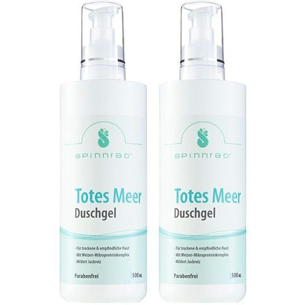 Zwei weiße Flaschen mit Spinnrad® Totes Meer Duschgel. Klare Pumpaufsätze. Blaue und grüne Schrift. Text: Totes Meer Duschgel, Parabenfrei.