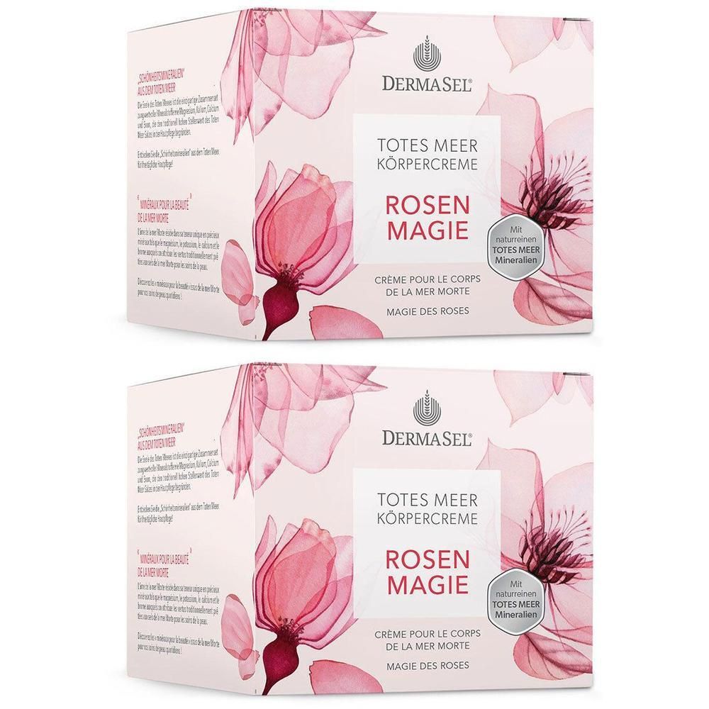 Zwei quadratische Kartons. Aufdruck: DERMASEL, Totes Meer Körpercreme Rosen Magie. Rosa Blütenmuster und Text.