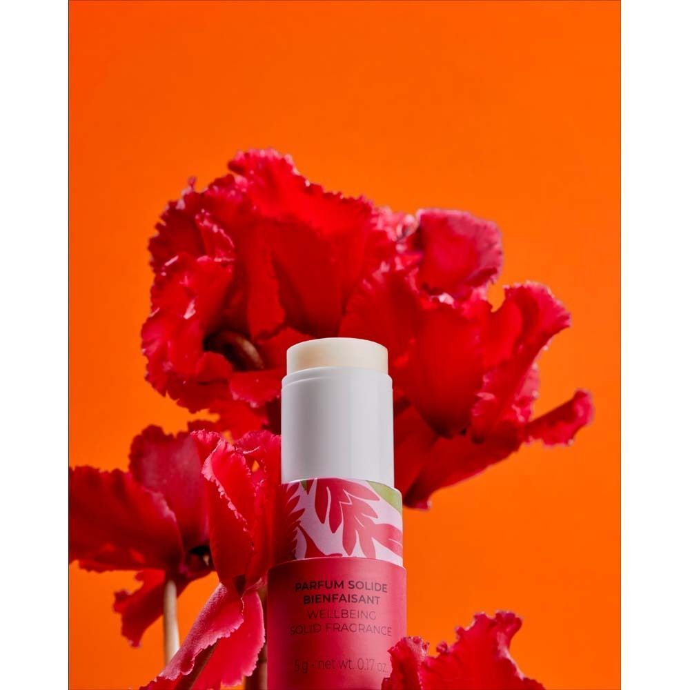 Parfumstick vor rotem Hintergrund mit roten Blüten. Weißer Deckel, roter Boden mit floralem Muster. Text: PARFUM SOLIDE BIENFAISANT.