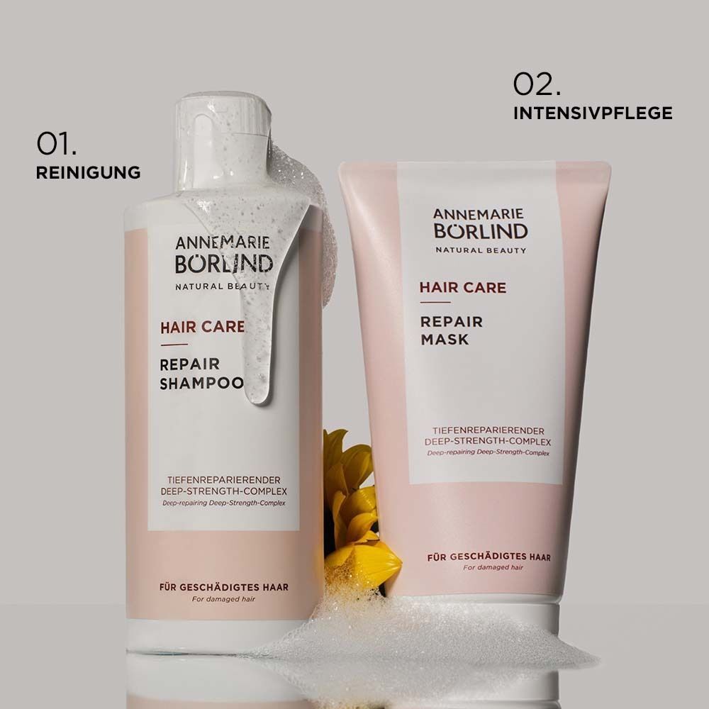 Hair Care Shampoo und Repair Mask. Beide Produkte mit Schaum. Schriftzug: Hair Care Repair.