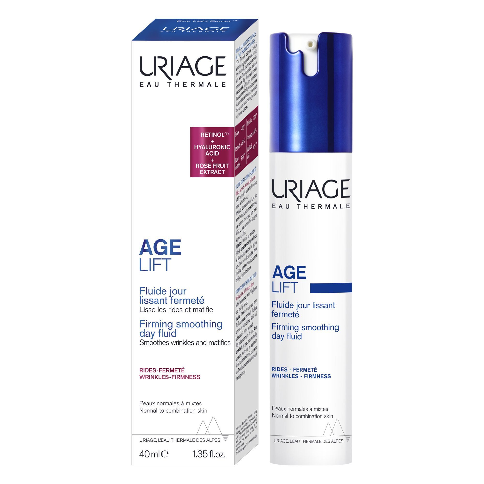 Uriage Age Lift Tagesfluid mit Verpackung. Flasche und Karton. Text: Fluide jour lissant fermeté. 40ml, 1.35 fl.oz.