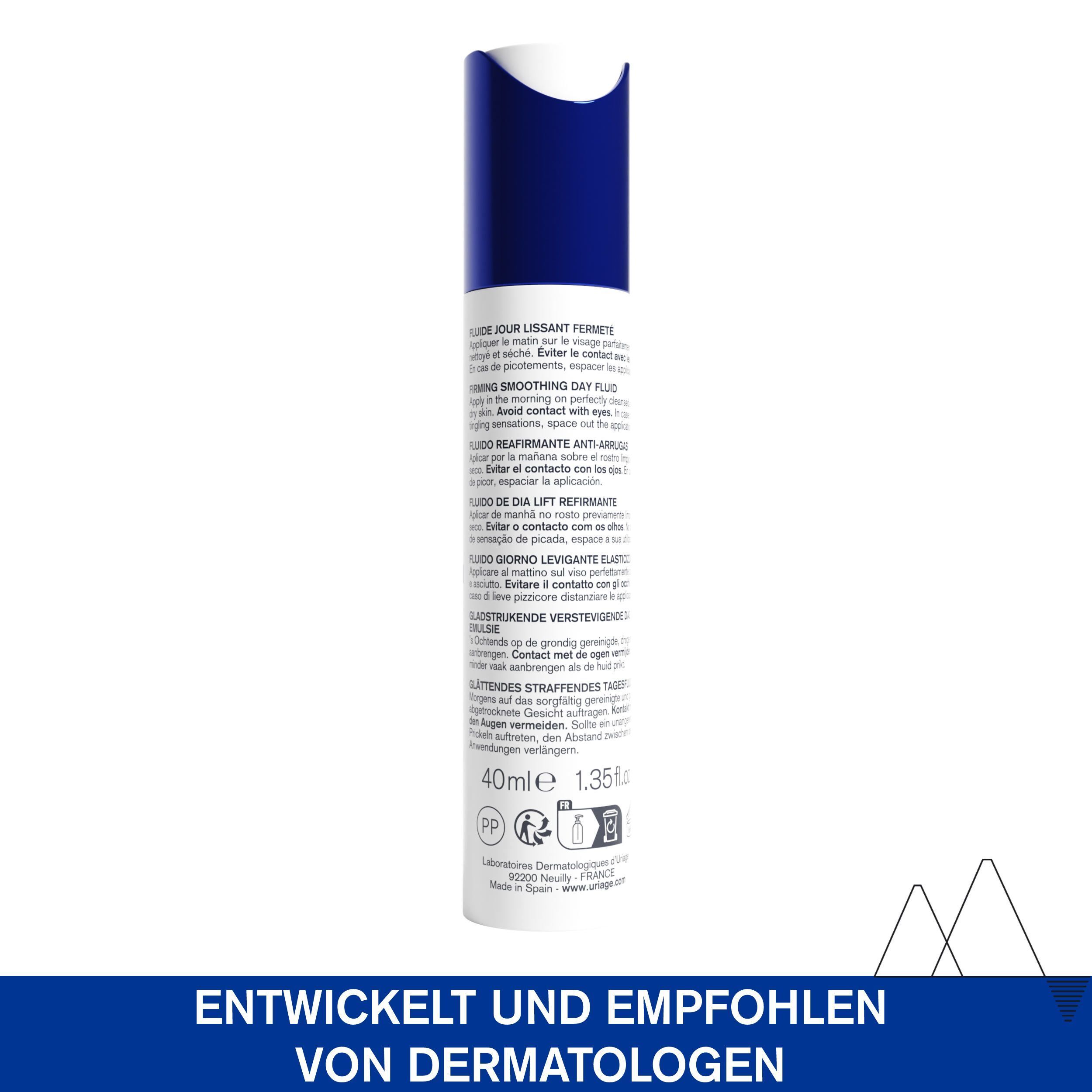 Rückseite der Uriage Age Lift Flasche. Text: Entwickelt und empfohlen von Dermatologen. 40ml, 1.35 fl.oz.