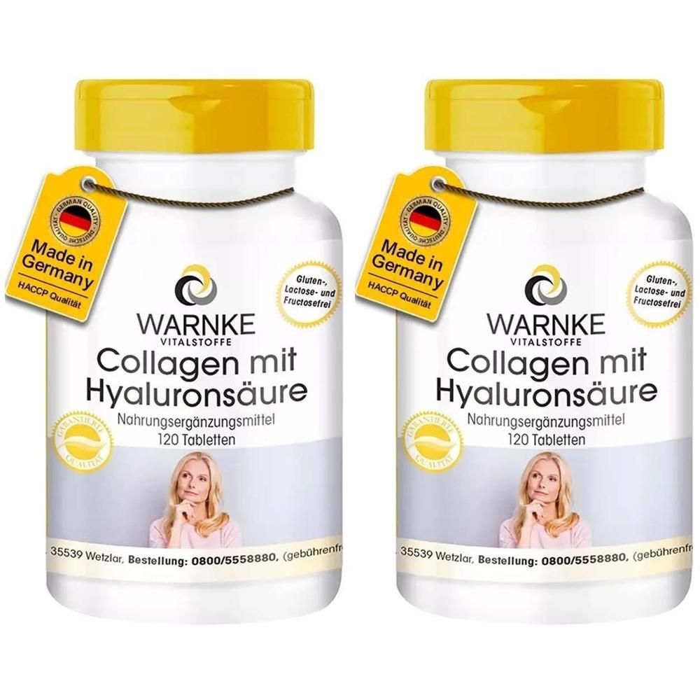 Zwei weiße Flaschen mit gelben Deckeln. Aufschrift: Collagen mit Hyaluronsäure. Etikett: Made in Germany. 120 Tabletten.