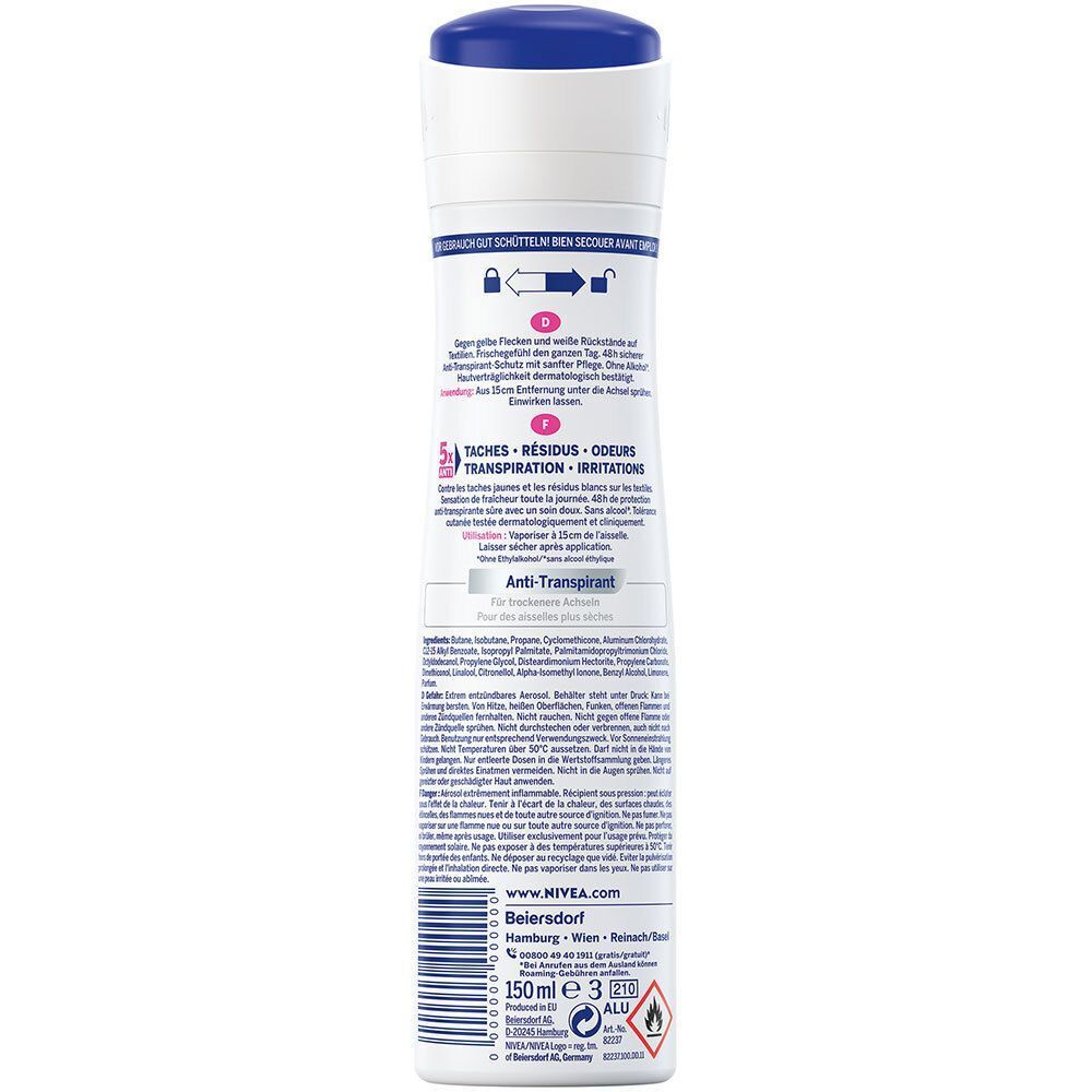 Rückseite einer NIVEA Black & White Invisible Clear Deospray-Flasche. Weiße Flasche mit blauer Kappe. Text in mehreren Sprachen.