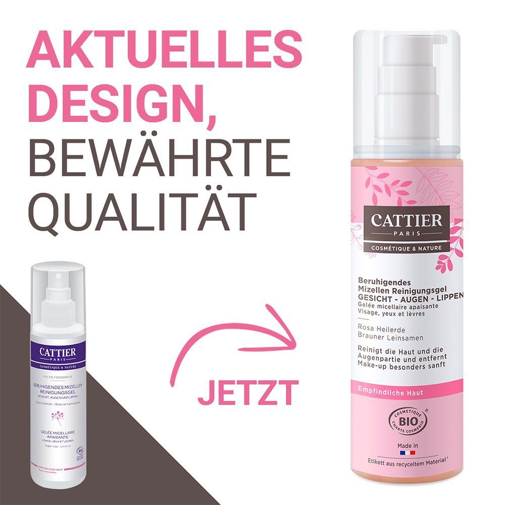 CATTIER Mizellen Reinigungsgel. Rechts: Produkt in Pumpflasche. Links: Kleineres Produkt. Text: Aktuelles Design, bewährte Qualität. BIO-Zertifizierung.