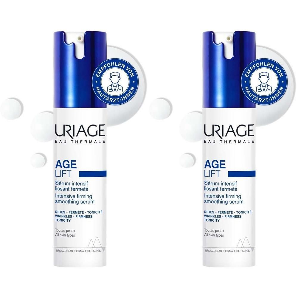 Zwei Flaschen Uriage Age Lift Serum. Weißes Fläschchen mit blauem Deckel. Empfohlen von Hautärzten.